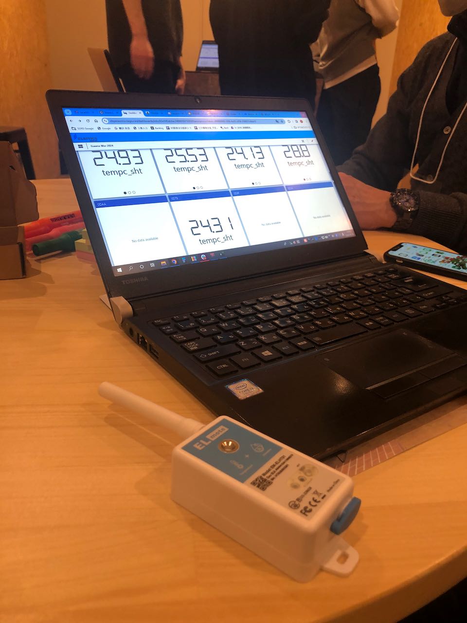 The LoRaWAN temperature sensor our group setup with a laptop displaying the real time data from it and other groups